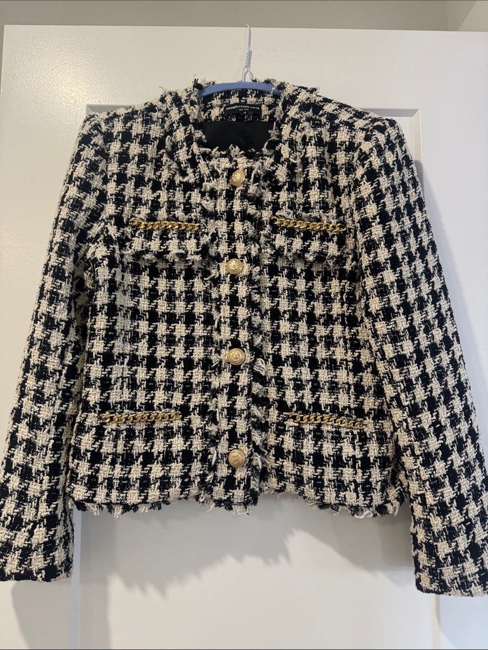 Generation Love  Black & White Houndstooth Tweed Jacket with Gold Trim
